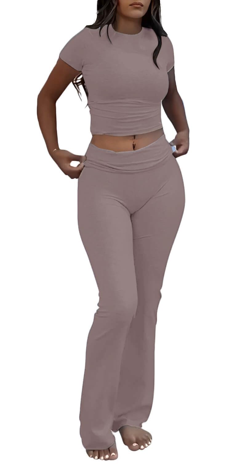 AYWA Women's 2 Piece Lounge Sets Short Sleeve Crop Top Foldover Flare Pants Casual Pajama Outfits