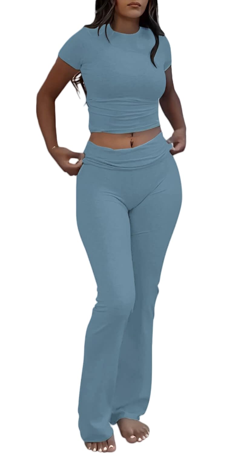 AYWA Women's 2 Piece Lounge Sets Short Sleeve Crop Top Foldover Flare Pants Casual Pajama Outfits