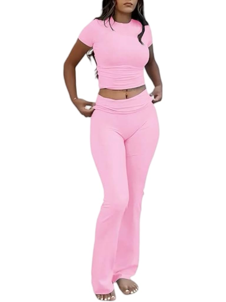 AYWA Women's 2 Piece Lounge Sets Short Sleeve Crop Top Foldover Flare Pants Casual Pajama Outfits