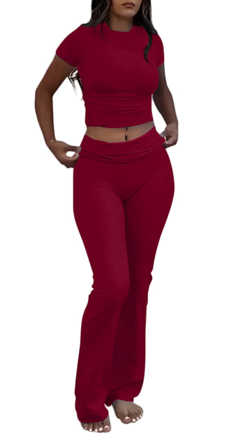 AYWA Women's 2 Piece Lounge Sets Short Sleeve Crop Top Foldover Flare Pants Casual Pajama Outfits