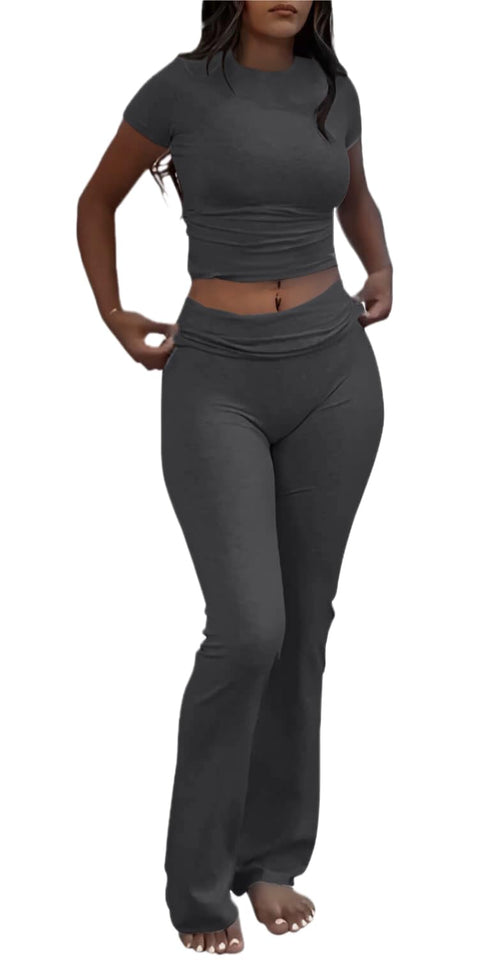 AYWA Women's 2 Piece Lounge Sets Short Sleeve Crop Top Foldover Flare Pants Casual Pajama Outfits