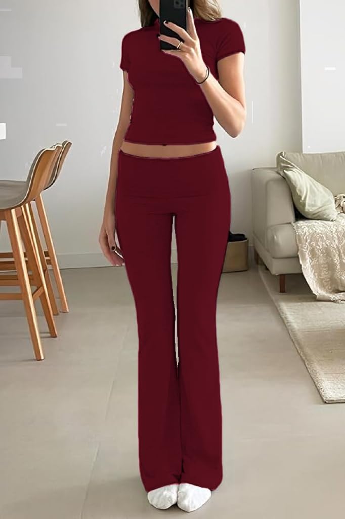AYWA Women's 2 Piece Lounge Sets Short Sleeve Crop Top Foldover Flare Pants Casual Pajama Outfits