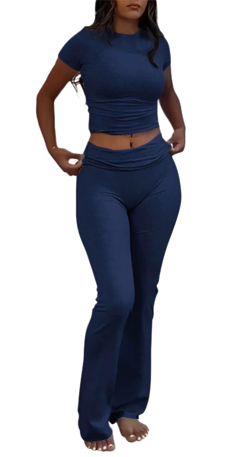 AYWA Women's 2 Piece Lounge Sets Short Sleeve Crop Top Foldover Flare Pants Casual Pajama Outfits