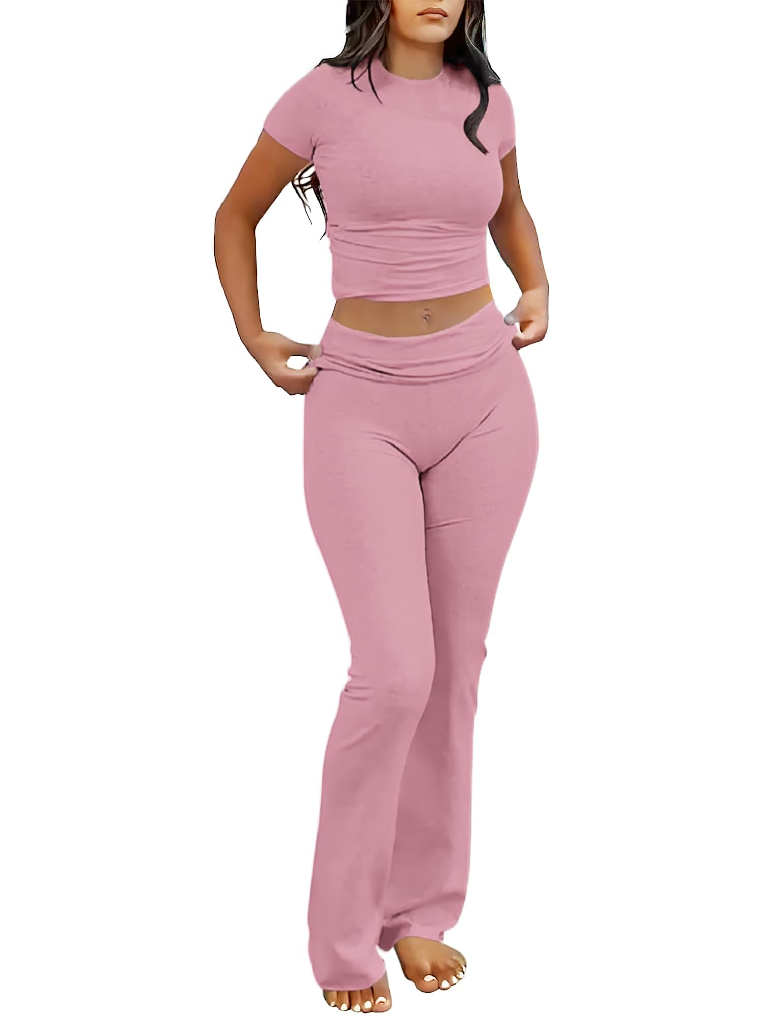 AYWA Women's 2 Piece Lounge Sets Short Sleeve Crop Top Foldover Flare Pants Casual Pajama Outfits