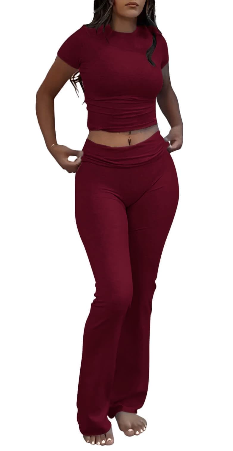 AYWA Women's 2 Piece Lounge Sets Short Sleeve Crop Top Foldover Flare Pants Casual Pajama Outfits