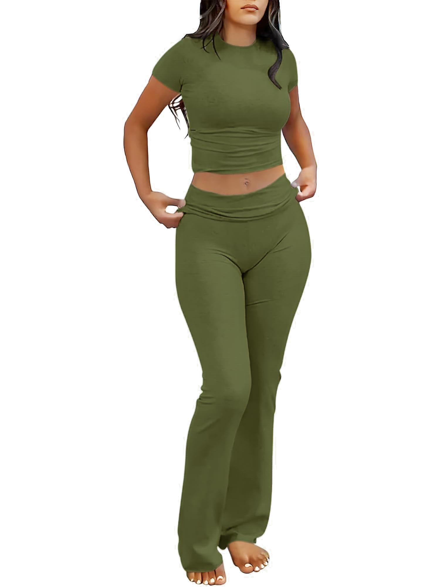 AYWA Women's 2 Piece Lounge Sets Short Sleeve Crop Top Foldover Flare Pants Casual Pajama Outfits