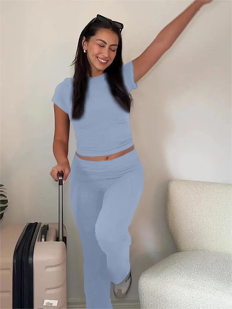 AYWA Women's 2 Piece Lounge Sets Short Sleeve Crop Top Foldover Flare Pants Casual Pajama Outfits