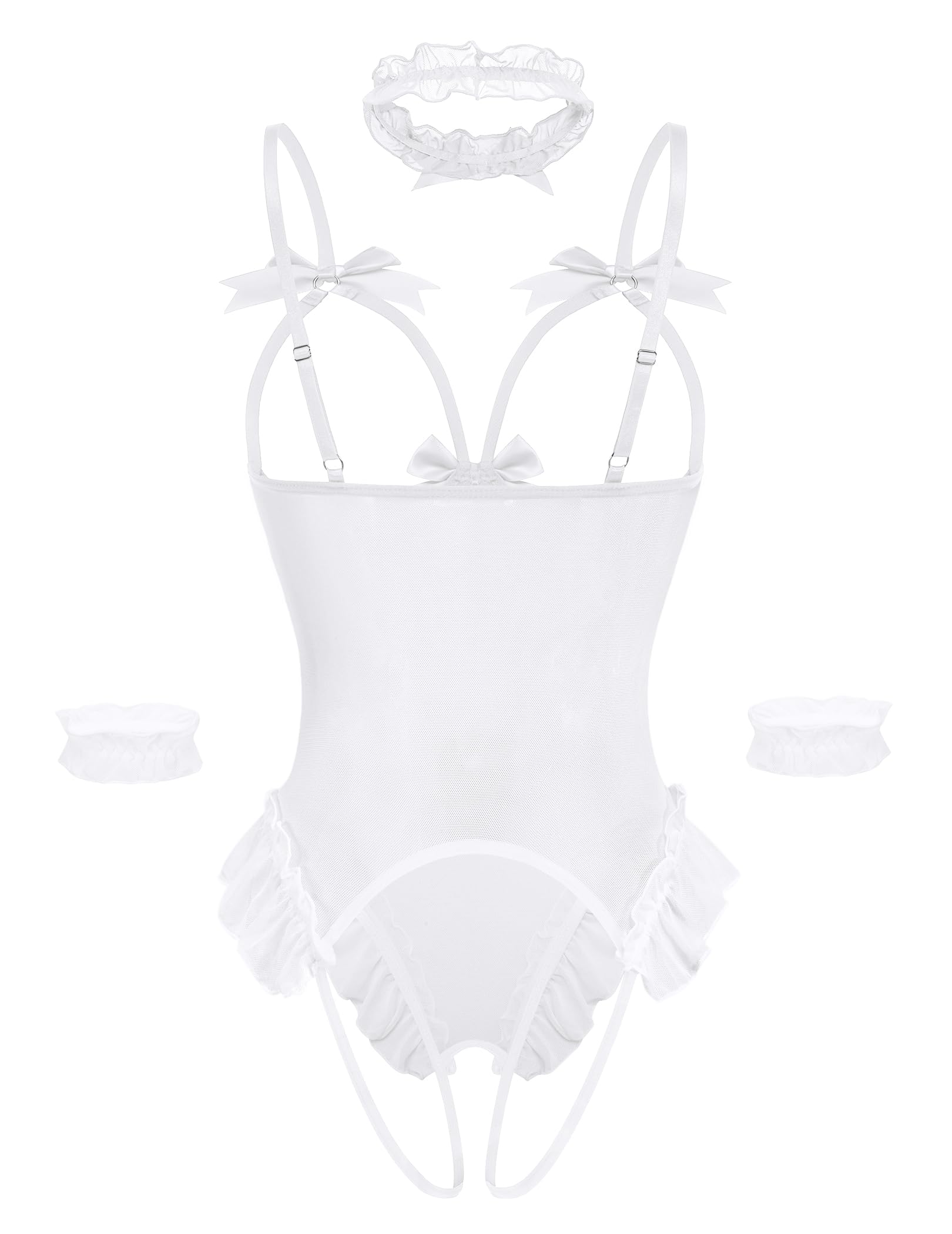 Avidlove Womens Lingerie Bodysuit 4 Piece Set Sheer Mesh Teddy Babydoll with Detachable Collar and Wrist Cuffs