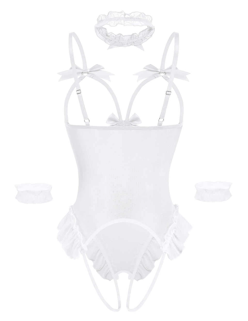 Avidlove Womens Lingerie Bodysuit 4 Piece Set Sheer Mesh Teddy Babydoll with Detachable Collar and Wrist Cuffs