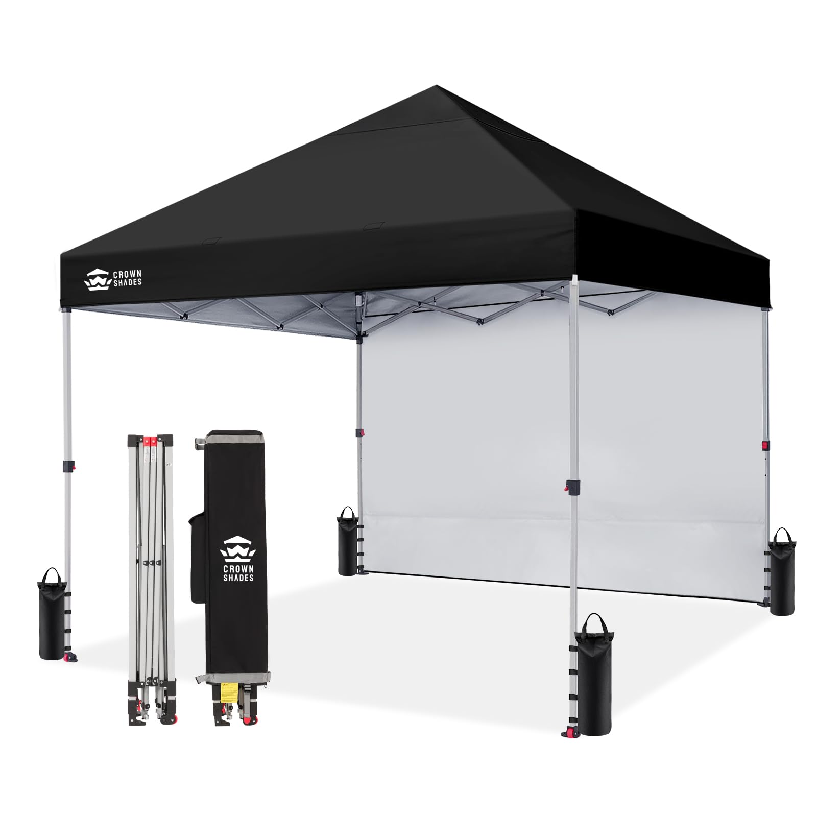 CROWN SHADES 10x10 Pop Up Canopy with 1 Side Wall - Beach Tent with One Push Setup - Outdoor Sun Shade for Events, Parties, Camping - Gazebo with STO-N-Go Cover Bag (White)