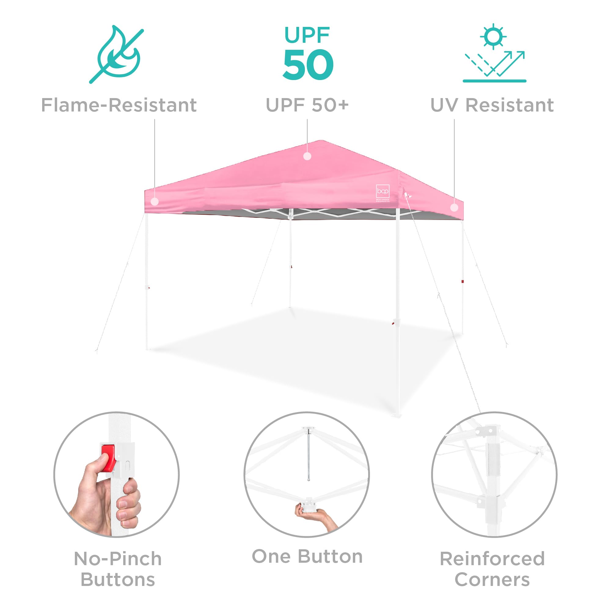 Best Choice Products 10x10ft Pop Up Canopy Tent with Sidewall, 1 Person 1 Minute Set Up, Carry Case, 4 Weight Bags - Pink/White