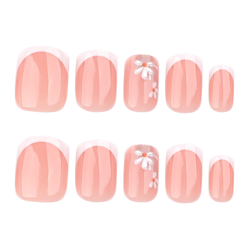 Summer French Press On Nails Short Almond, Cute Nude Pink Fake Nails with White French Tip & Brown Dot Detail, Glossy Gel Acrylic Stick On Nails, Perfect for Daily Wear & Gifts, New Packaging, 32PCS