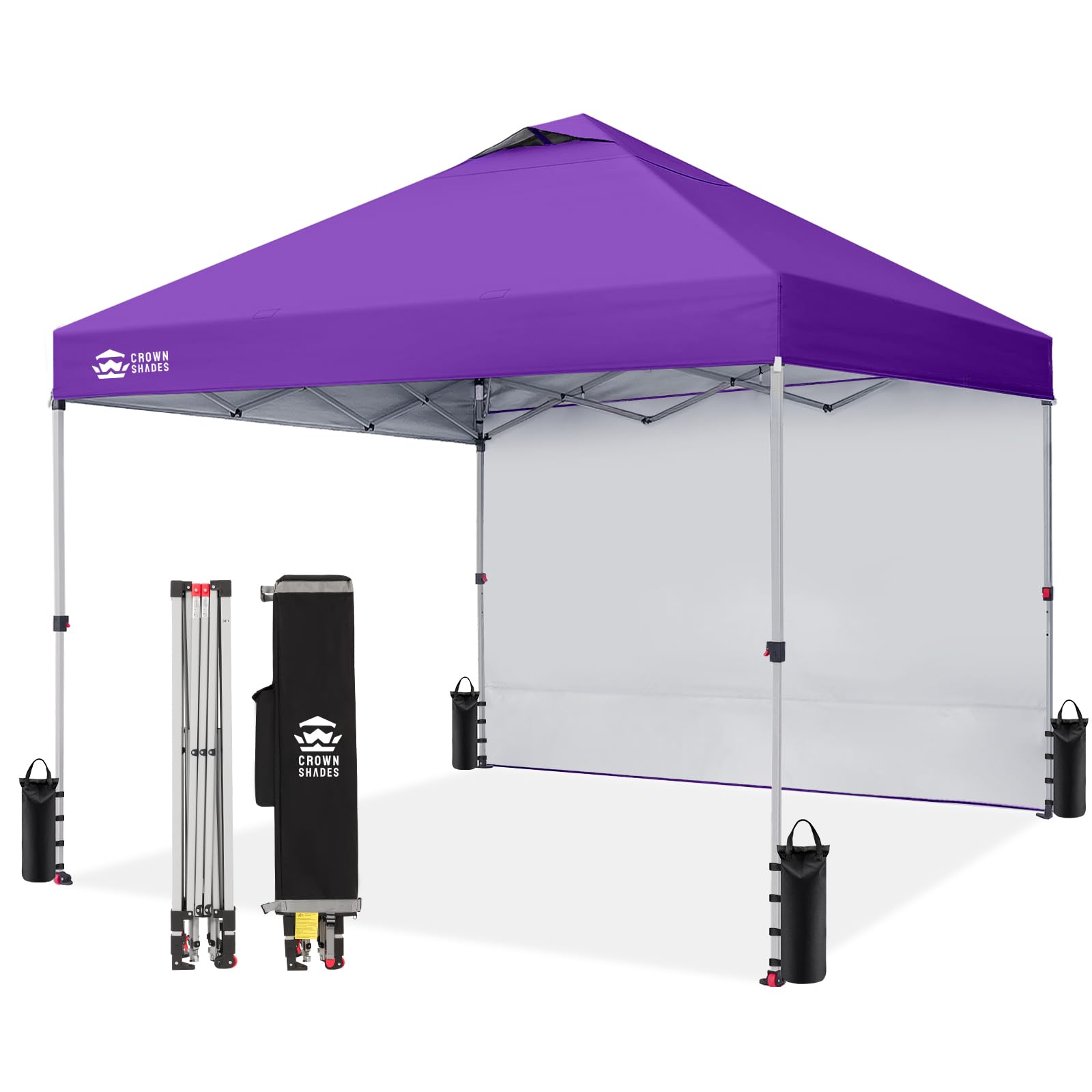 CROWN SHADES 10x10 Pop Up Canopy with 1 Side Wall - Beach Tent with One Push Setup - Outdoor Sun Shade for Events, Parties, Camping - Gazebo with STO-N-Go Cover Bag (White)