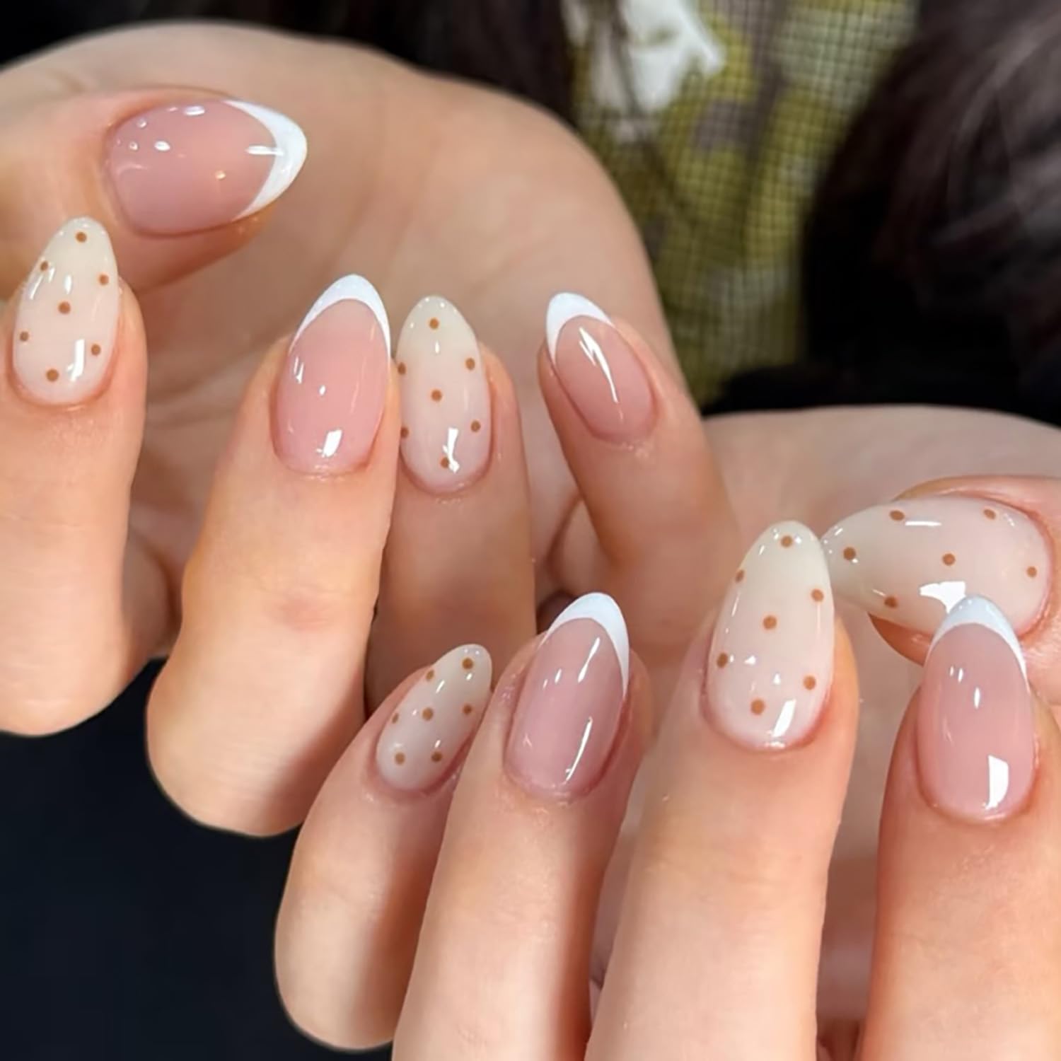 Summer French Press On Nails Short Almond, Cute Nude Pink Fake Nails with White French Tip & Brown Dot Detail, Glossy Gel Acrylic Stick On Nails, Perfect for Daily Wear & Gifts, New Packaging, 32PCS