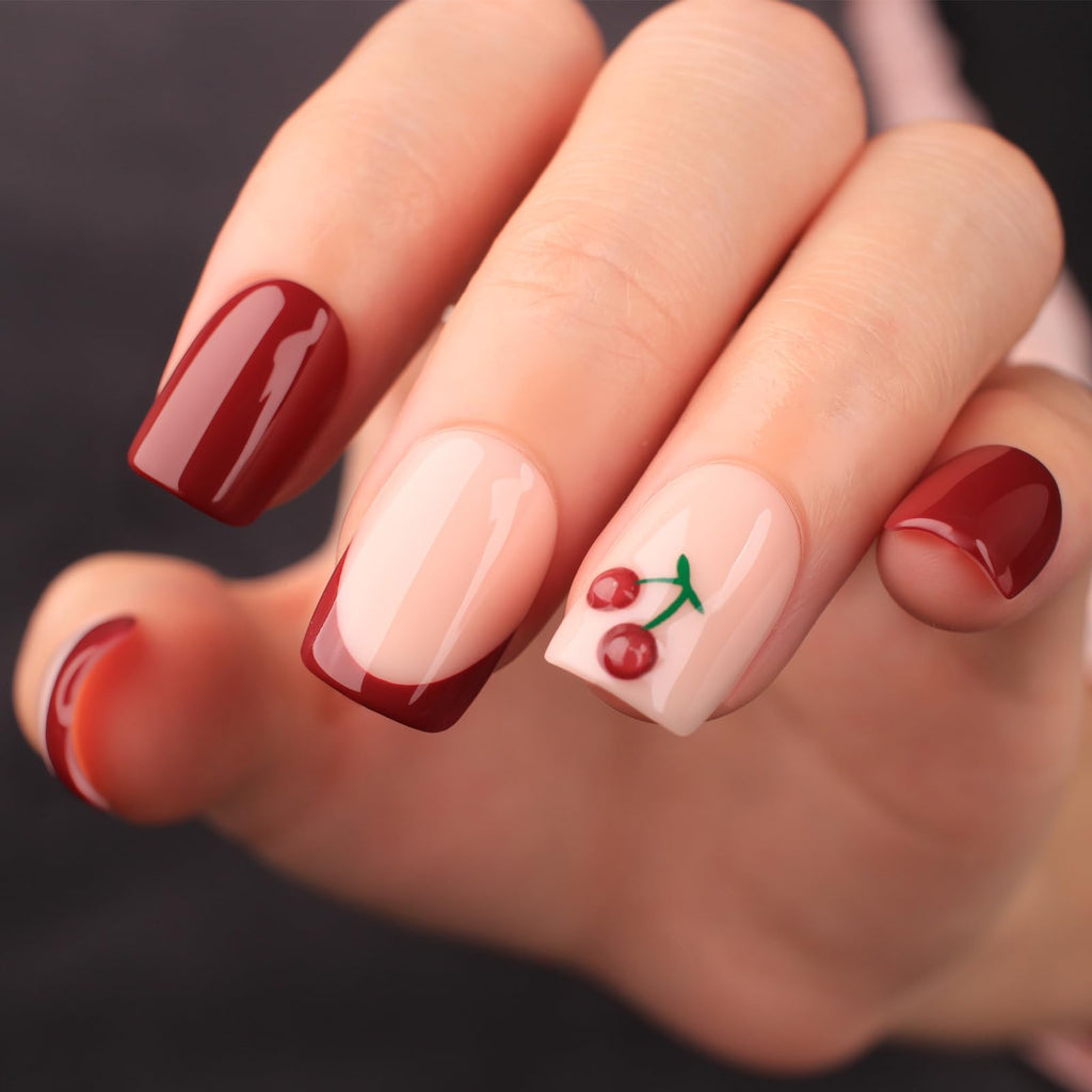 Summer French Press On Nails Short Almond, Cute Nude Pink Fake Nails with White French Tip & Brown Dot Detail, Glossy Gel Acrylic Stick On Nails, Perfect for Daily Wear & Gifts, New Packaging, 32PCS