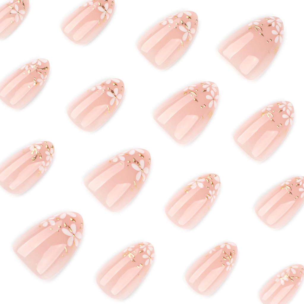Summer French Press On Nails Short Almond, Cute Nude Pink Fake Nails with White French Tip & Brown Dot Detail, Glossy Gel Acrylic Stick On Nails, Perfect for Daily Wear & Gifts, New Packaging, 32PCS