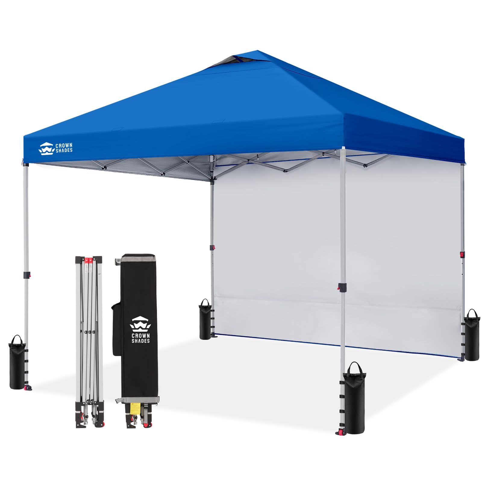 CROWN SHADES 10x10 Pop Up Canopy with 1 Side Wall - Beach Tent with One Push Setup - Outdoor Sun Shade for Events, Parties, Camping - Gazebo with STO-N-Go Cover Bag (White)