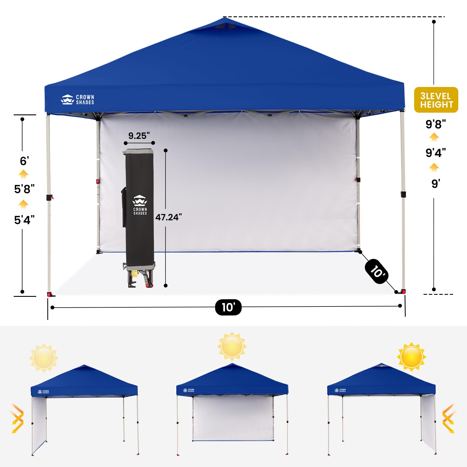 CROWN SHADES 10x10 Pop Up Canopy with 1 Side Wall - Beach Tent with One Push Setup - Outdoor Sun Shade for Events, Parties, Camping - Gazebo with STO-N-Go Cover Bag (White)
