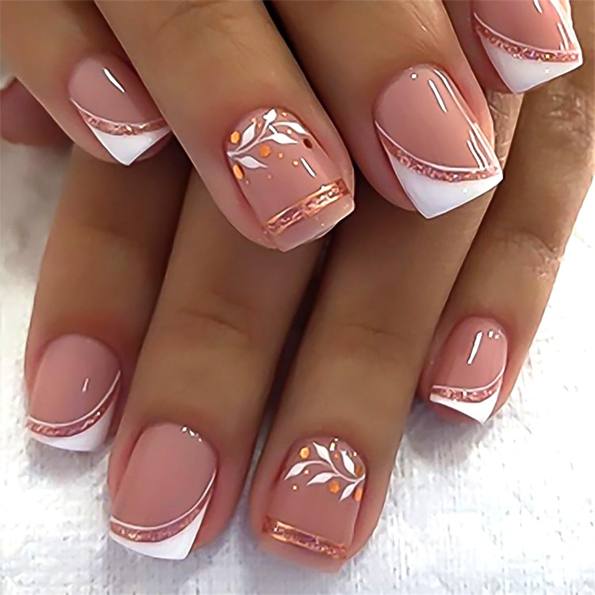 Summer French Press On Nails Short Almond, Cute Nude Pink Fake Nails with White French Tip & Brown Dot Detail, Glossy Gel Acrylic Stick On Nails, Perfect for Daily Wear & Gifts, New Packaging, 32PCS