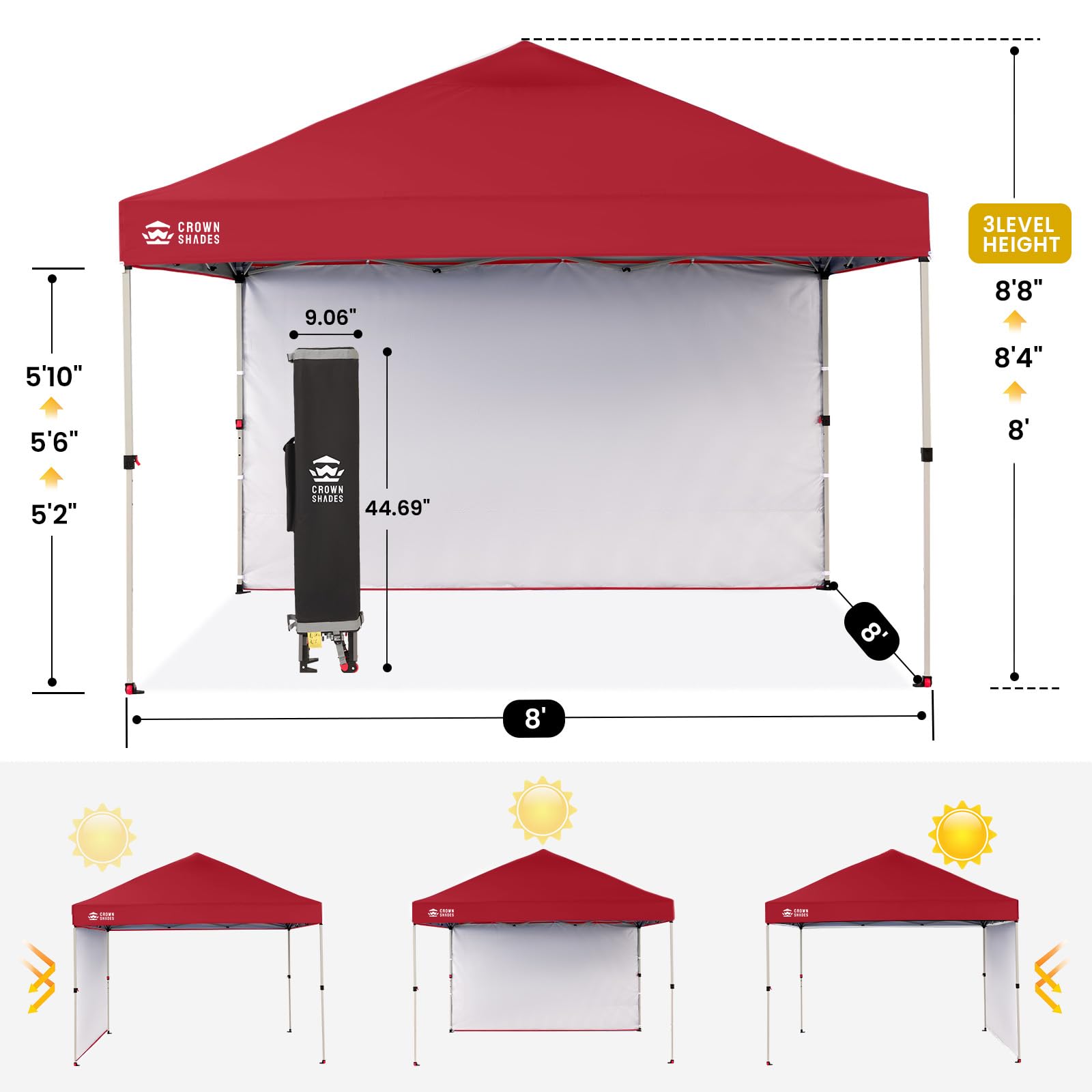 CROWN SHADES 10x10 Pop Up Canopy with 1 Side Wall - Beach Tent with One Push Setup - Outdoor Sun Shade for Events, Parties, Camping - Gazebo with STO-N-Go Cover Bag (White)