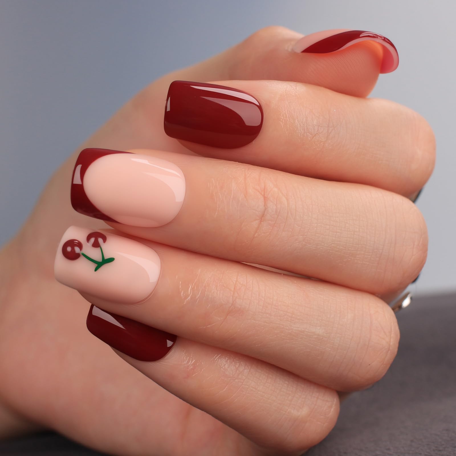 Summer French Press On Nails Short Almond, Cute Nude Pink Fake Nails with White French Tip & Brown Dot Detail, Glossy Gel Acrylic Stick On Nails, Perfect for Daily Wear & Gifts, New Packaging, 32PCS