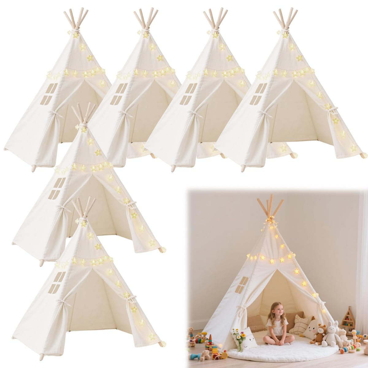6 Pack Teepee Tent for Kids,Collapsible Kids Teepee Tent with 10 Ft String Lights,White Kid Teepee Boys Girls Indoor Outdoor Slumber Party Sleepover Party
