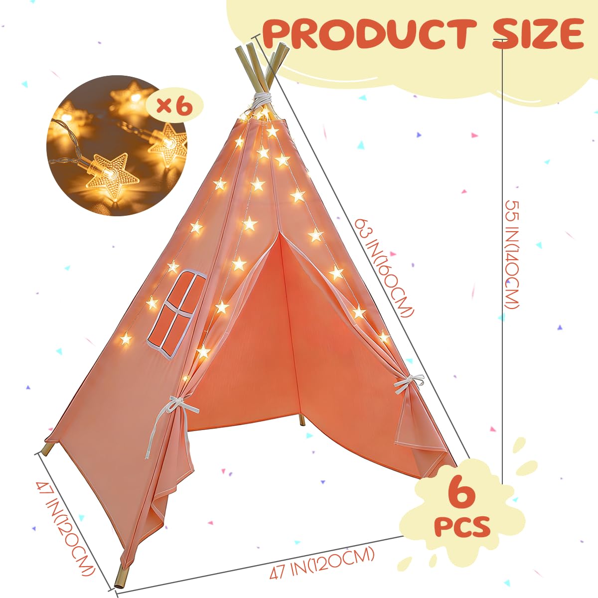 6 Pack Teepee Tent for Kids,Collapsible Kids Teepee Tent with 10 Ft String Lights,White Kid Teepee Boys Girls Indoor Outdoor Slumber Party Sleepover Party