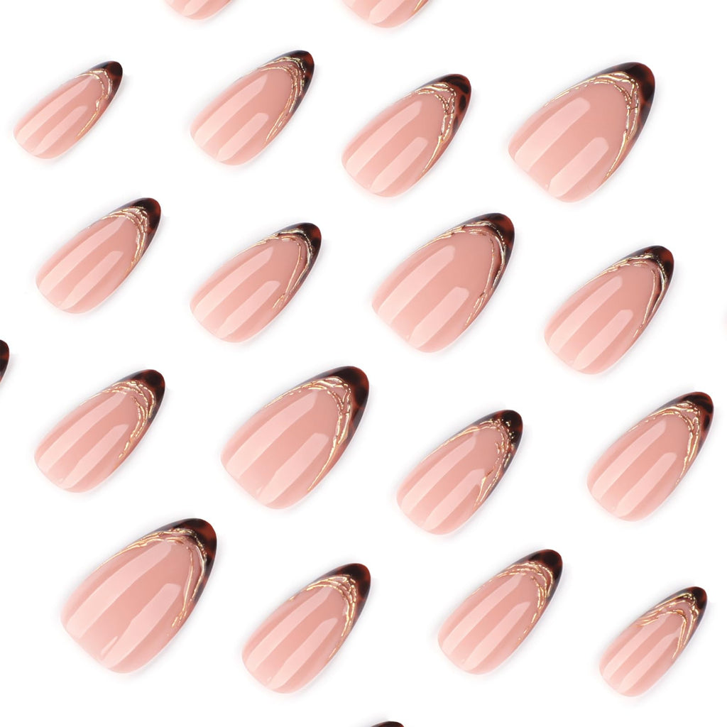 Summer French Press On Nails Short Almond, Cute Nude Pink Fake Nails with White French Tip & Brown Dot Detail, Glossy Gel Acrylic Stick On Nails, Perfect for Daily Wear & Gifts, New Packaging, 32PCS