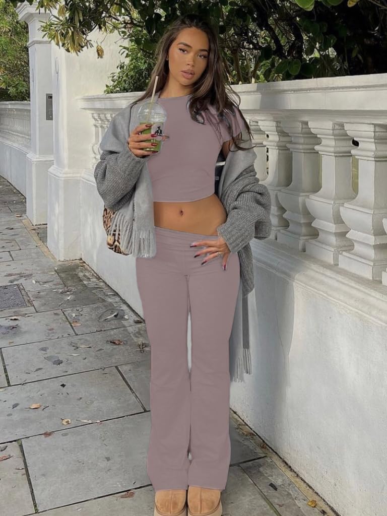 AYWA Women's 2 Piece Lounge Sets Short Sleeve Crop Top Foldover Flare Pants Casual Pajama Outfits
