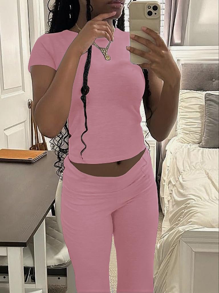 AYWA Women's 2 Piece Lounge Sets Short Sleeve Crop Top Foldover Flare Pants Casual Pajama Outfits