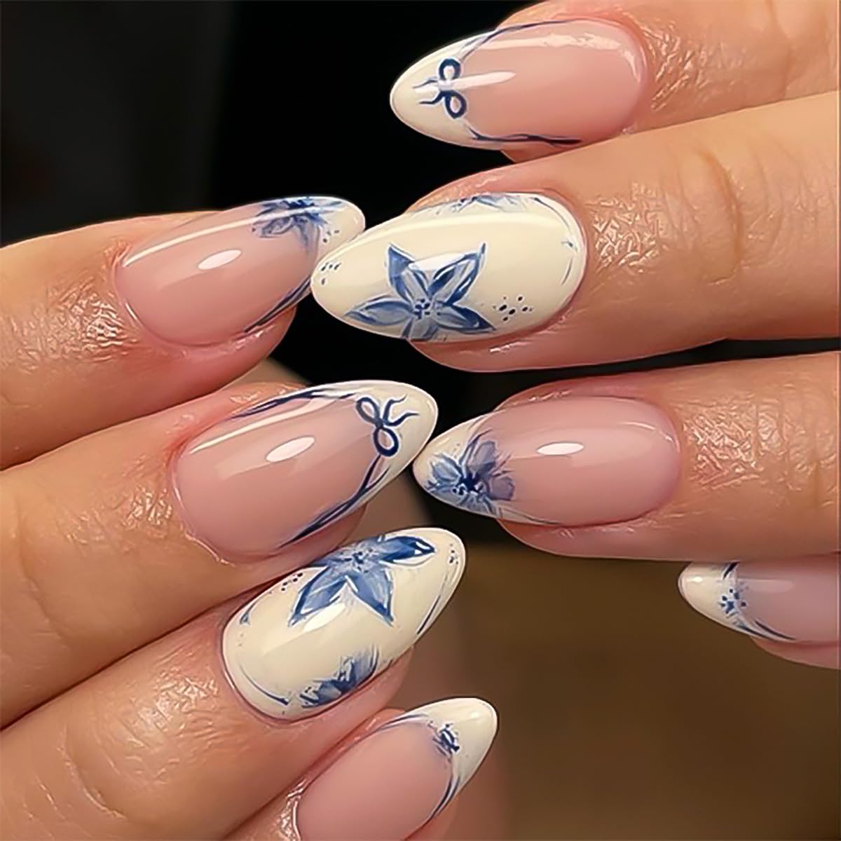 Summer French Press On Nails Short Almond, Cute Nude Pink Fake Nails with White French Tip & Brown Dot Detail, Glossy Gel Acrylic Stick On Nails, Perfect for Daily Wear & Gifts, New Packaging, 32PCS