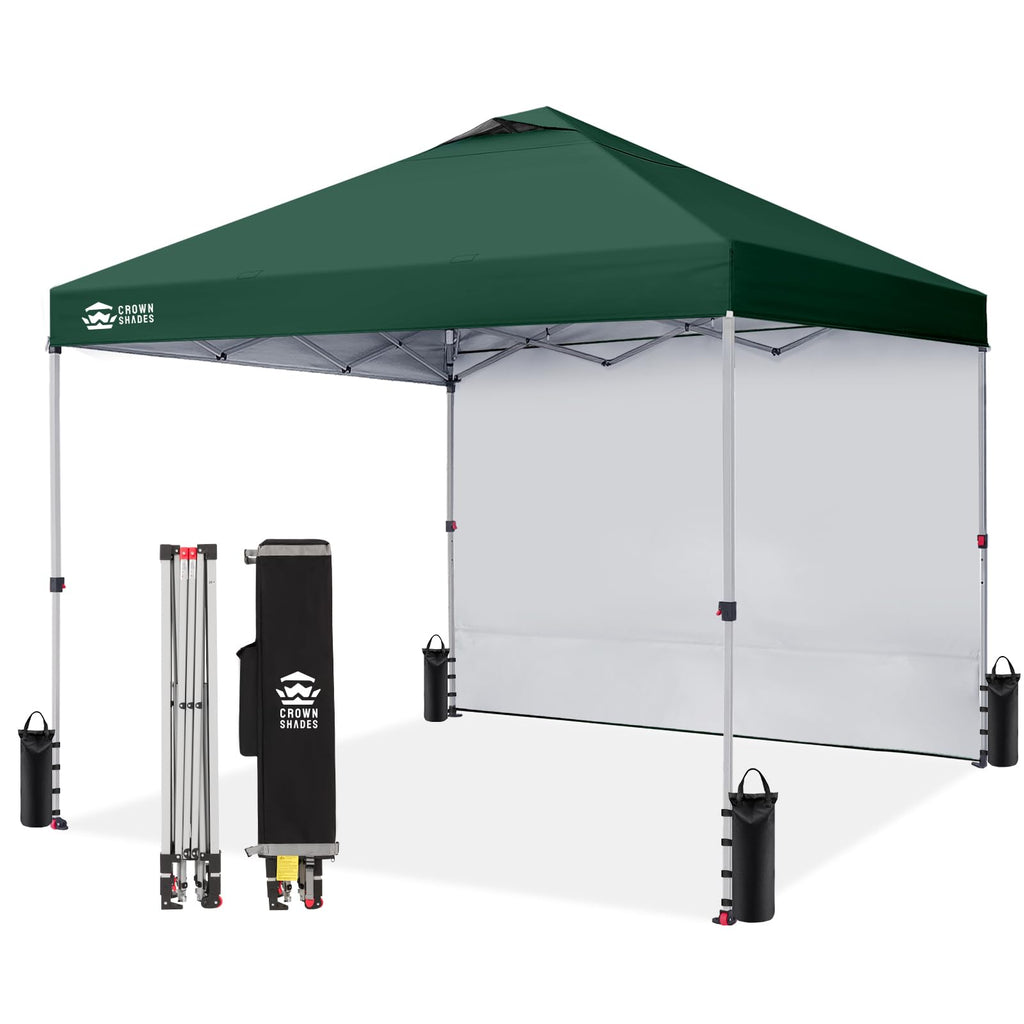 CROWN SHADES 10x10 Pop Up Canopy with 1 Side Wall - Beach Tent with One Push Setup - Outdoor Sun Shade for Events, Parties, Camping - Gazebo with STO-N-Go Cover Bag (White)