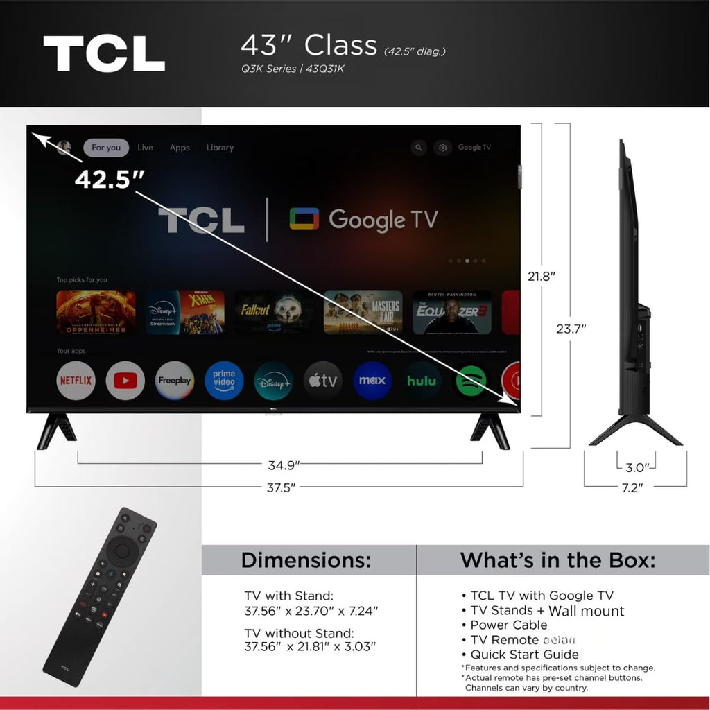 TCL 43" Class Q3K Series Full HD QLED, HDR 10, HVA Panel, Motion Rate 120, 60Hz, Bluetooth, FullView + Free Wall Mount (2025) (Renewed)