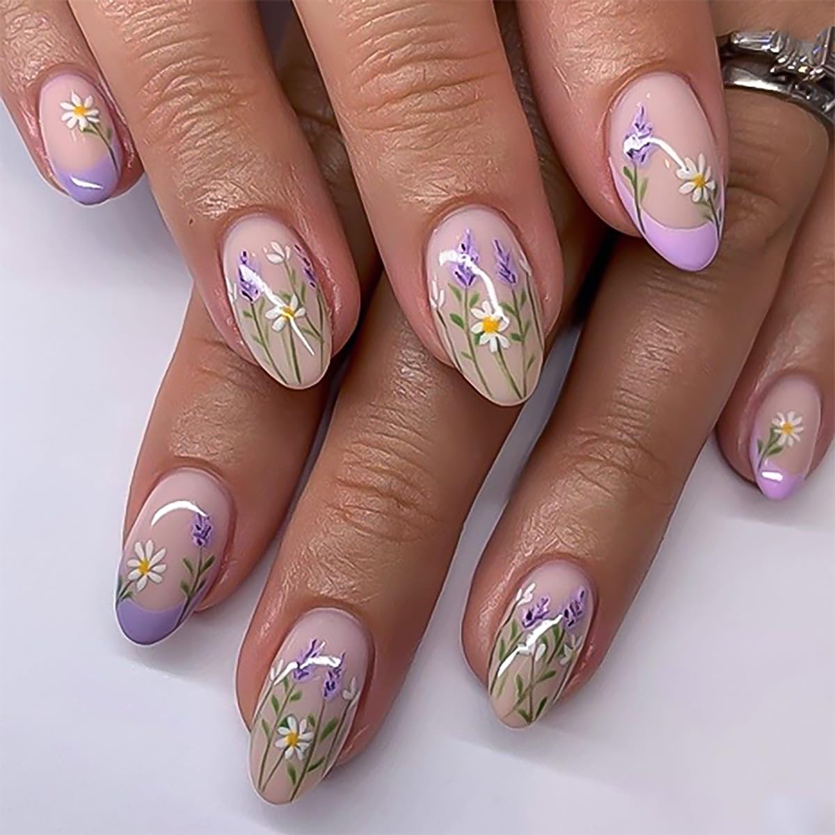 Summer French Press On Nails Short Almond, Cute Nude Pink Fake Nails with White French Tip & Brown Dot Detail, Glossy Gel Acrylic Stick On Nails, Perfect for Daily Wear & Gifts, New Packaging, 32PCS