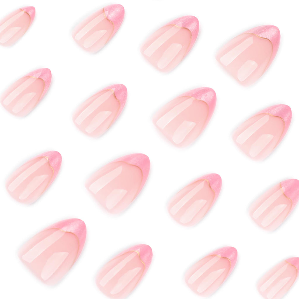 Summer French Press On Nails Short Almond, Cute Nude Pink Fake Nails with White French Tip & Brown Dot Detail, Glossy Gel Acrylic Stick On Nails, Perfect for Daily Wear & Gifts, New Packaging, 32PCS