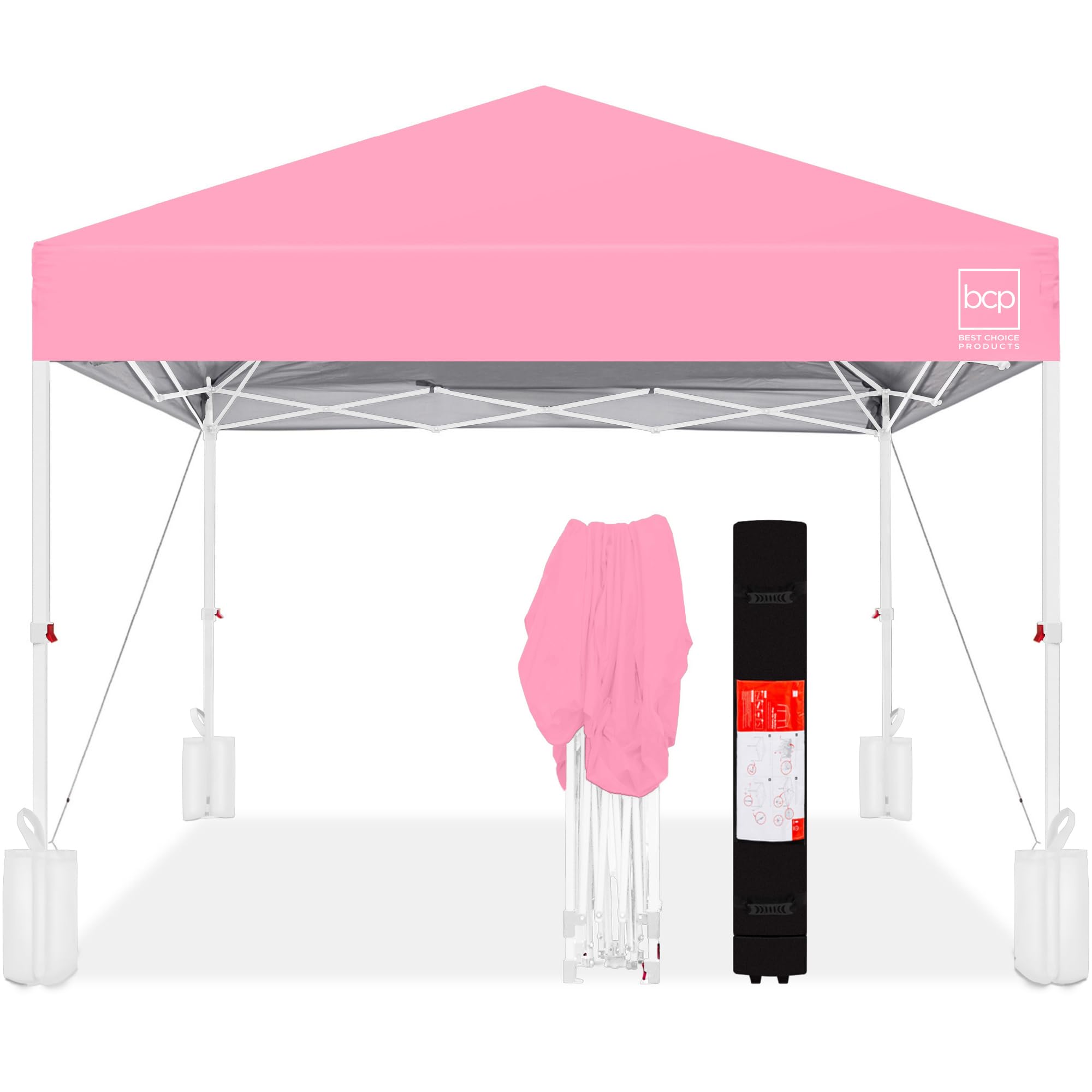 Best Choice Products 10x10ft Pop Up Canopy Tent with Sidewall, 1 Person 1 Minute Set Up, Carry Case, 4 Weight Bags - Pink/White