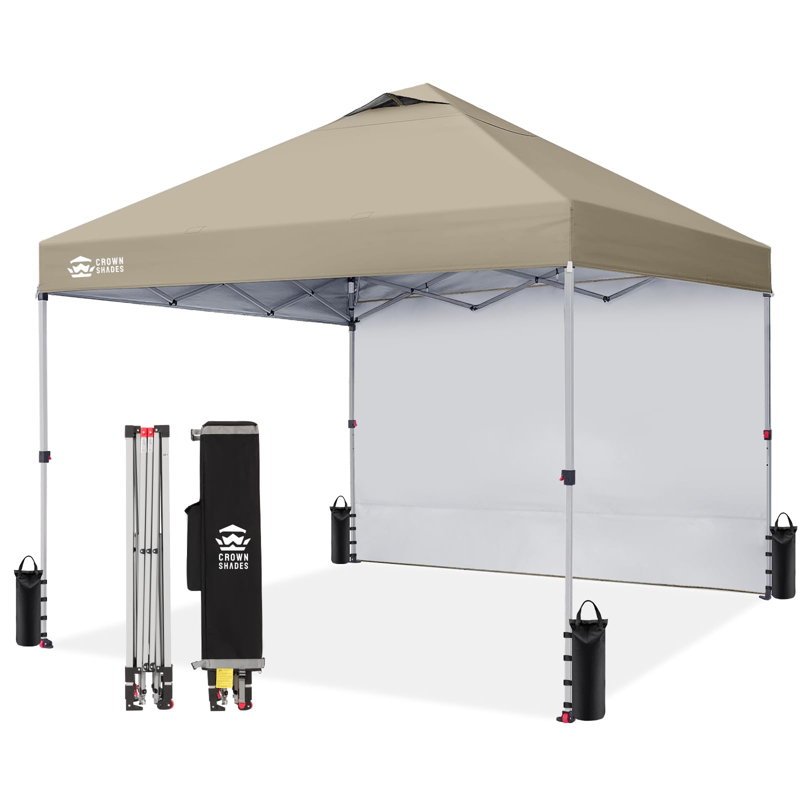 CROWN SHADES 10x10 Pop Up Canopy with 1 Side Wall - Beach Tent with One Push Setup - Outdoor Sun Shade for Events, Parties, Camping - Gazebo with STO-N-Go Cover Bag (White)