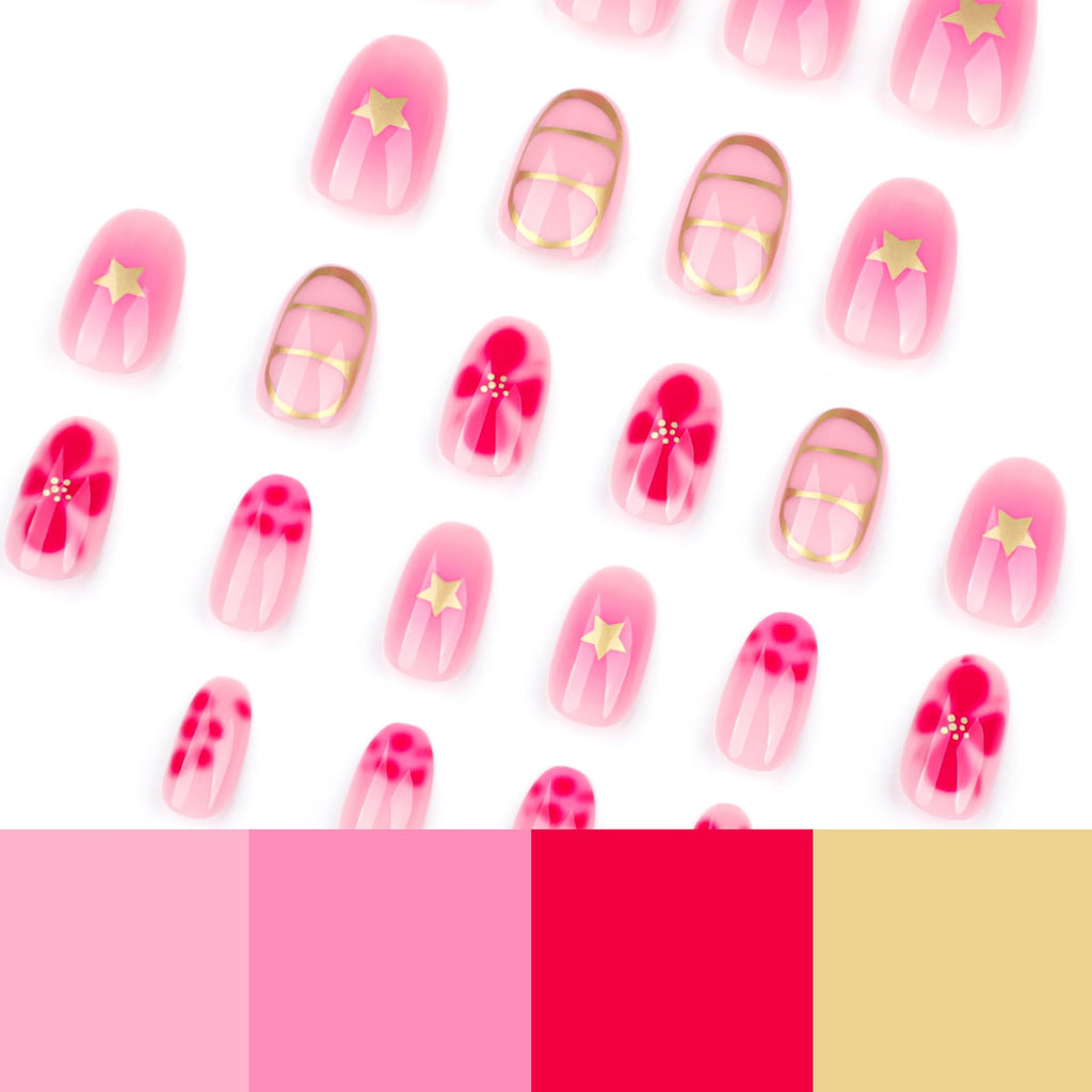 Summer French Press On Nails Short Almond, Cute Nude Pink Fake Nails with White French Tip & Brown Dot Detail, Glossy Gel Acrylic Stick On Nails, Perfect for Daily Wear & Gifts, New Packaging, 32PCS