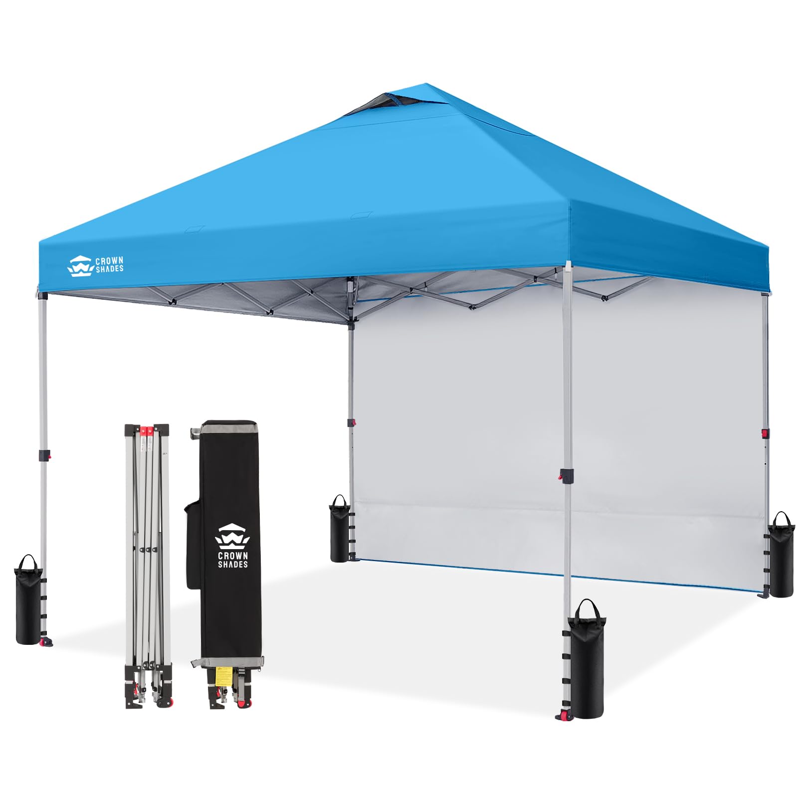 CROWN SHADES 10x10 Pop Up Canopy with 1 Side Wall - Beach Tent with One Push Setup - Outdoor Sun Shade for Events, Parties, Camping - Gazebo with STO-N-Go Cover Bag (White)