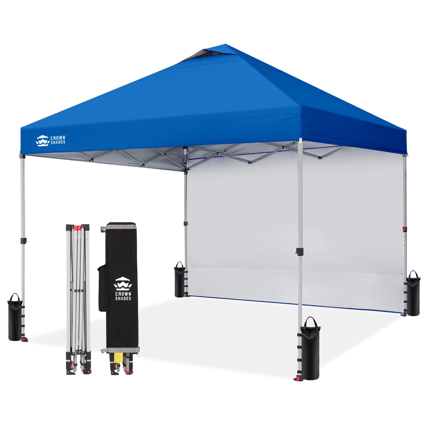 CROWN SHADES 10x10 Pop Up Canopy with 1 Side Wall - Beach Tent with One Push Setup - Outdoor Sun Shade for Events, Parties, Camping - Gazebo with STO-N-Go Cover Bag (White)