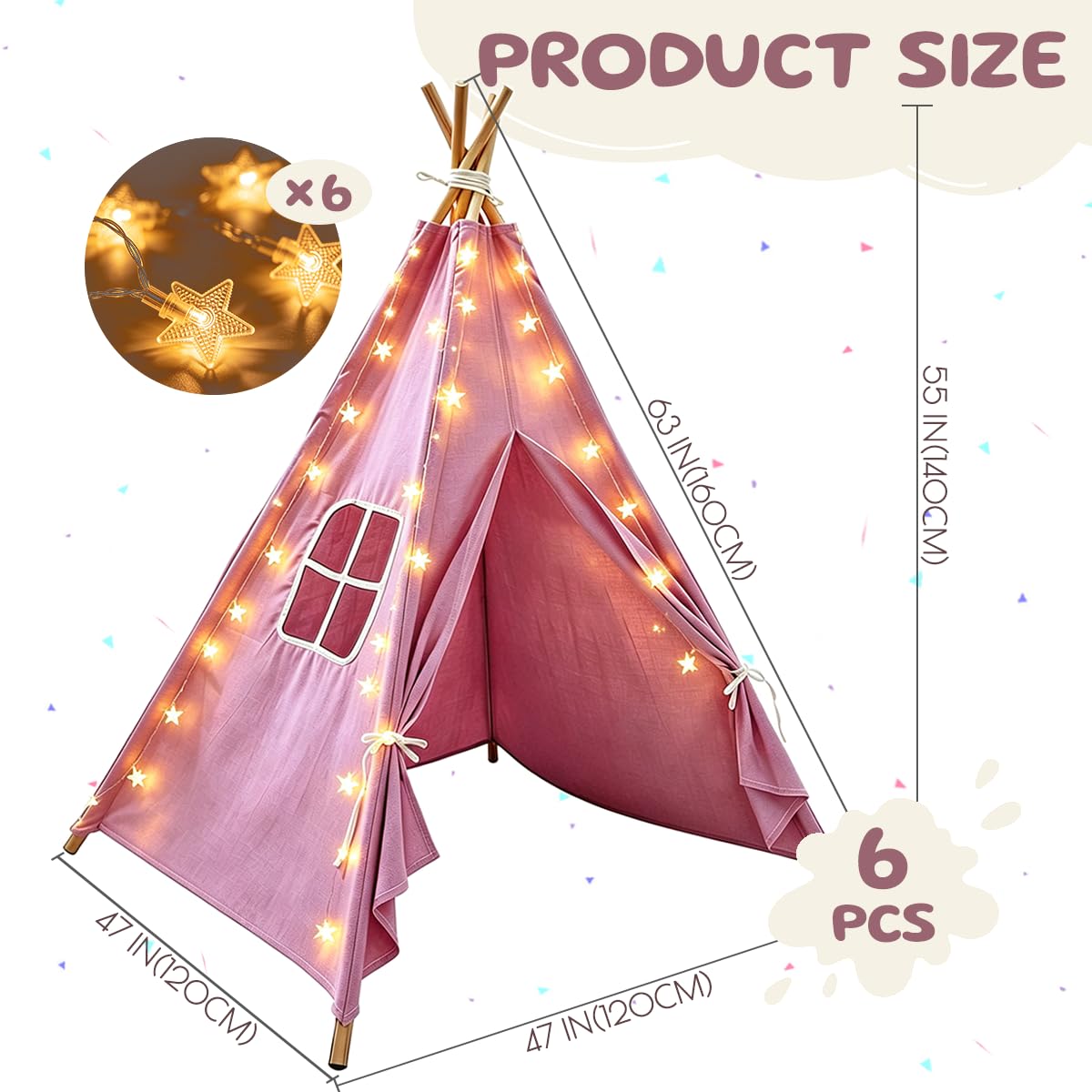 6 Pack Teepee Tent for Kids,Collapsible Kids Teepee Tent with 10 Ft String Lights,White Kid Teepee Boys Girls Indoor Outdoor Slumber Party Sleepover Party