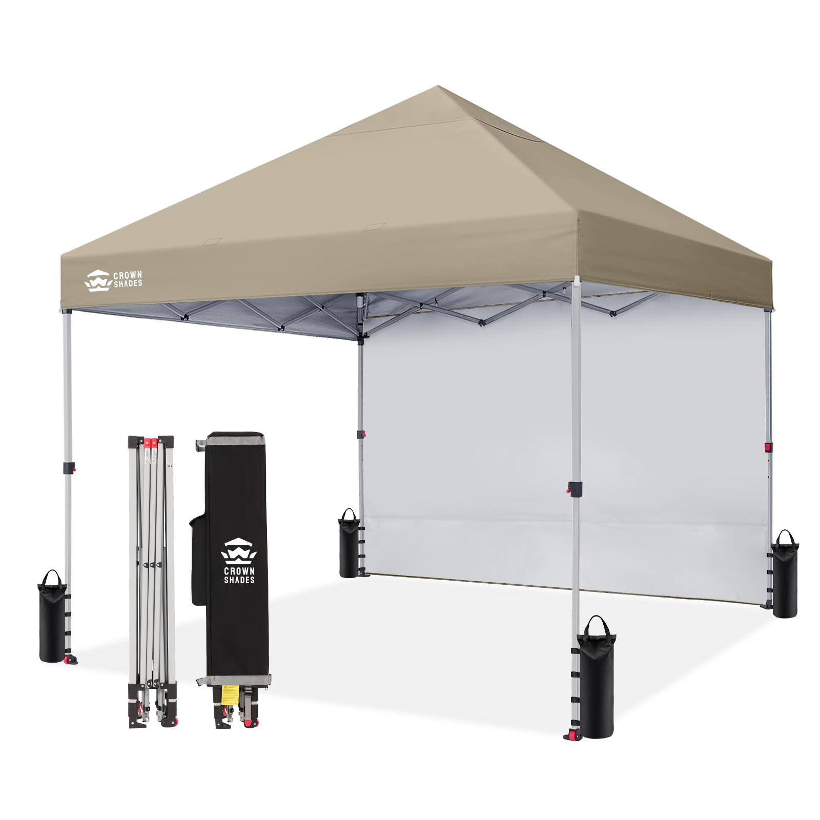 CROWN SHADES 10x10 Pop Up Canopy with 1 Side Wall - Beach Tent with One Push Setup - Outdoor Sun Shade for Events, Parties, Camping - Gazebo with STO-N-Go Cover Bag (White)