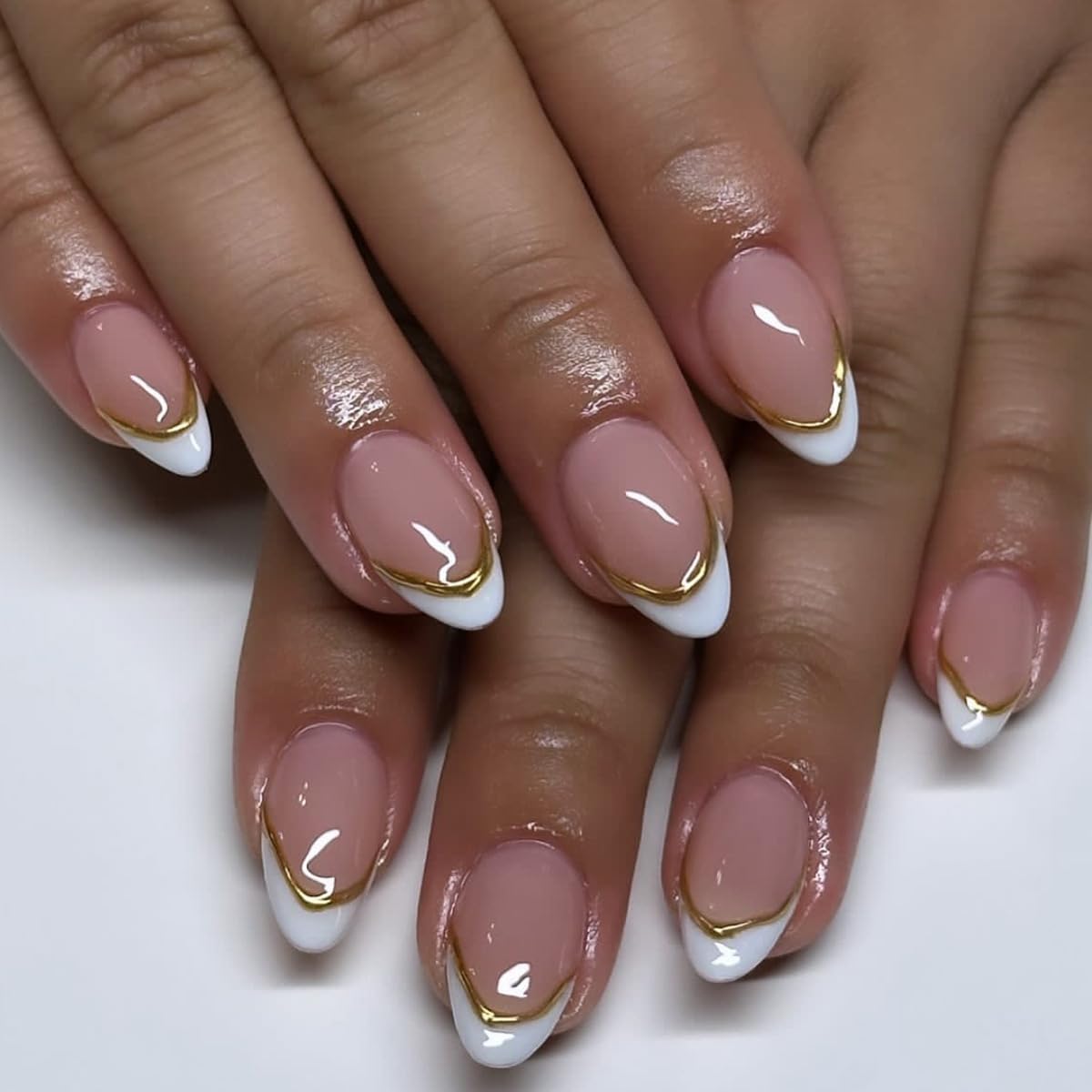 Summer French Press On Nails Short Almond, Cute Nude Pink Fake Nails with White French Tip & Brown Dot Detail, Glossy Gel Acrylic Stick On Nails, Perfect for Daily Wear & Gifts, New Packaging, 32PCS