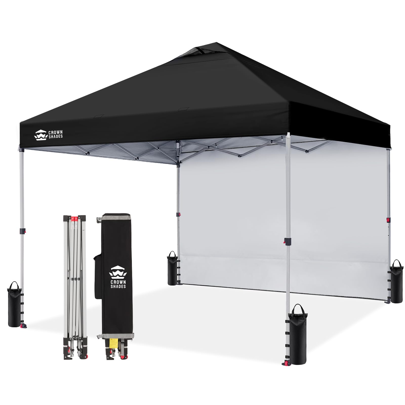 CROWN SHADES 10x10 Pop Up Canopy with 1 Side Wall - Beach Tent with One Push Setup - Outdoor Sun Shade for Events, Parties, Camping - Gazebo with STO-N-Go Cover Bag (White)