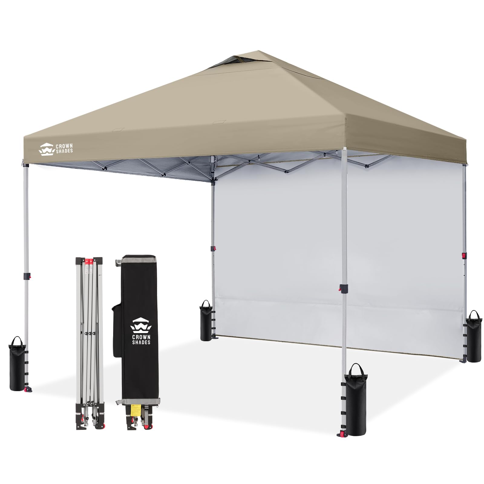 CROWN SHADES 10x10 Pop Up Canopy with 1 Side Wall - Beach Tent with One Push Setup - Outdoor Sun Shade for Events, Parties, Camping - Gazebo with STO-N-Go Cover Bag (White)