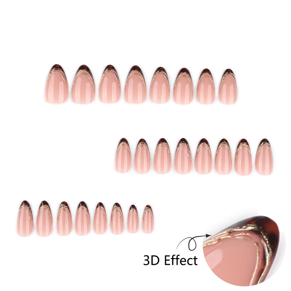 Summer French Press On Nails Short Almond, Cute Nude Pink Fake Nails with White French Tip & Brown Dot Detail, Glossy Gel Acrylic Stick On Nails, Perfect for Daily Wear & Gifts, New Packaging, 32PCS