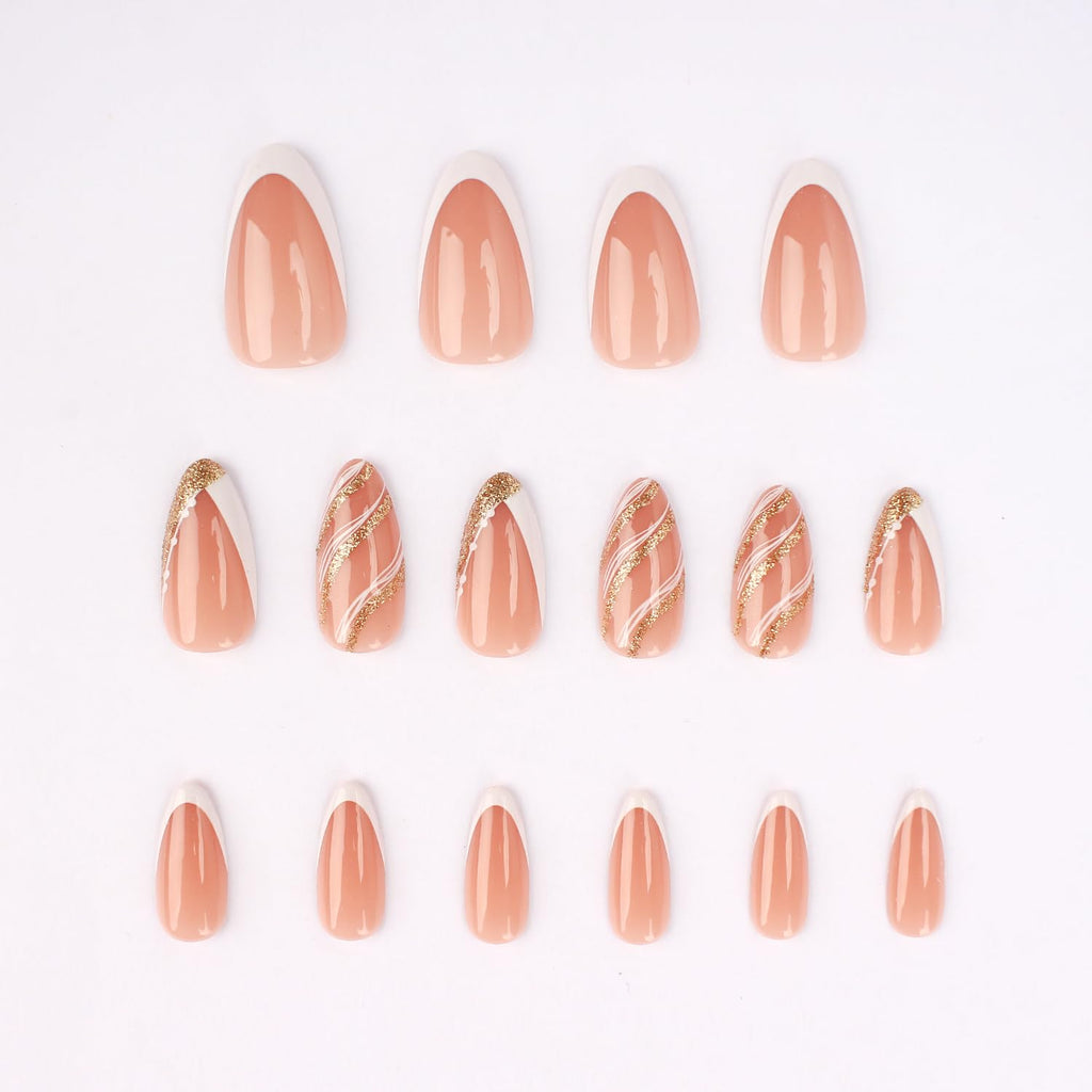 Summer French Press On Nails Short Almond, Cute Nude Pink Fake Nails with White French Tip & Brown Dot Detail, Glossy Gel Acrylic Stick On Nails, Perfect for Daily Wear & Gifts, New Packaging, 32PCS
