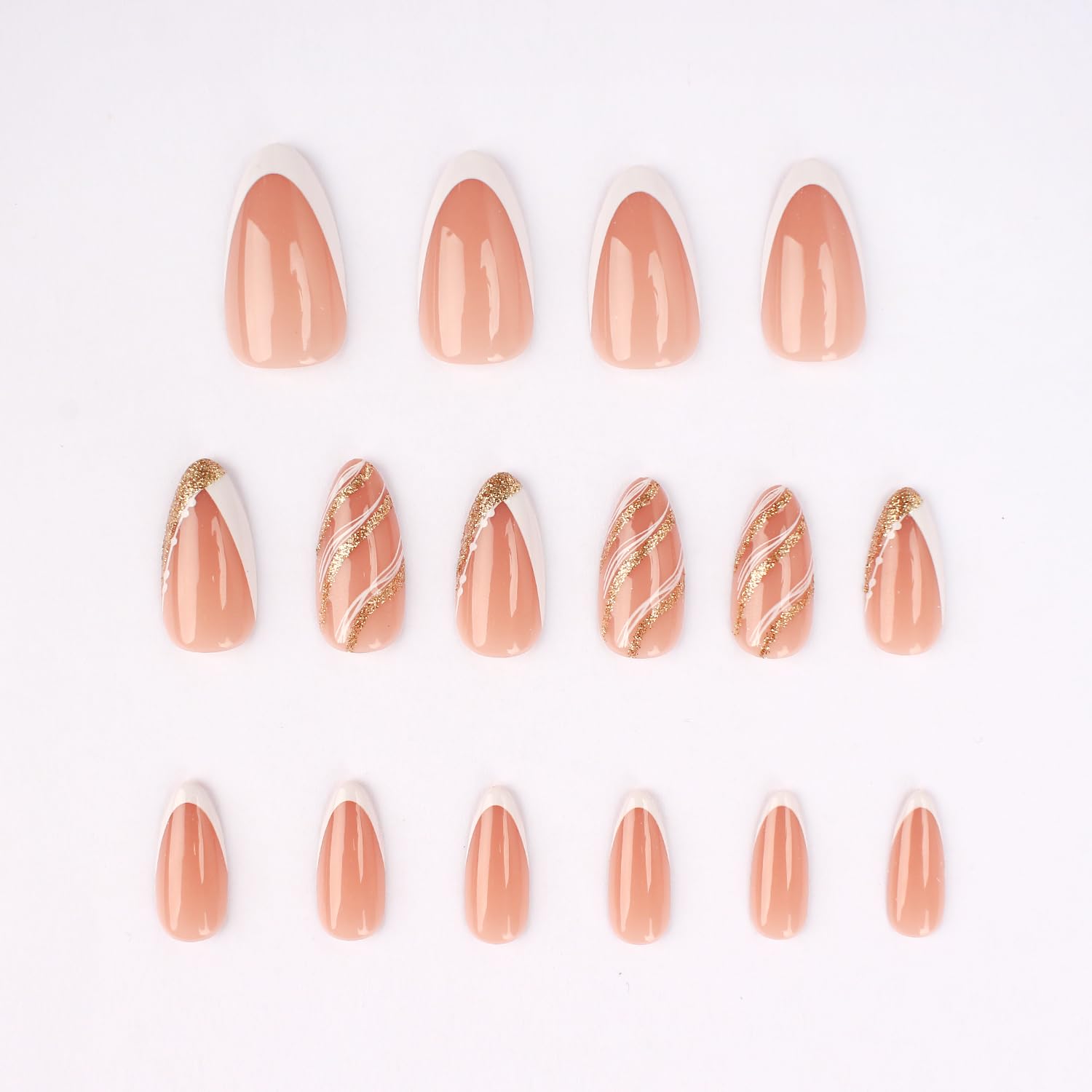 Summer French Press On Nails Short Almond, Cute Nude Pink Fake Nails with White French Tip & Brown Dot Detail, Glossy Gel Acrylic Stick On Nails, Perfect for Daily Wear & Gifts, New Packaging, 32PCS