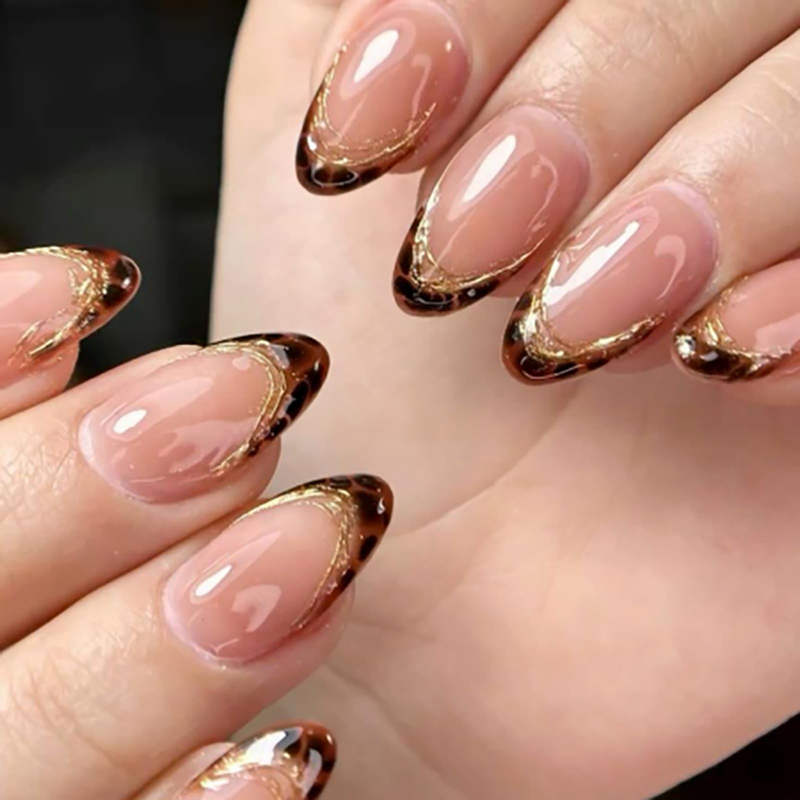 Summer French Press On Nails Short Almond, Cute Nude Pink Fake Nails with White French Tip & Brown Dot Detail, Glossy Gel Acrylic Stick On Nails, Perfect for Daily Wear & Gifts, New Packaging, 32PCS