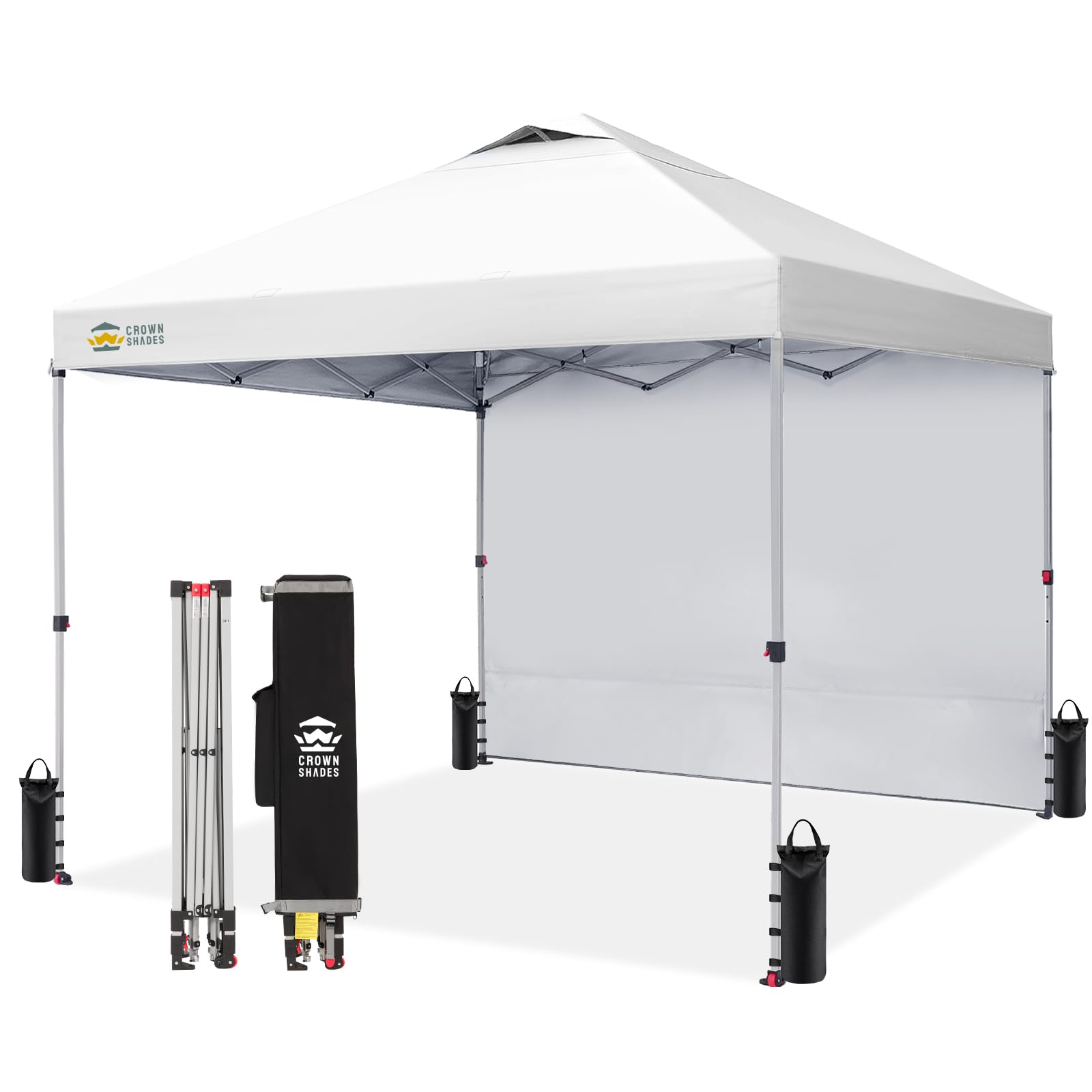 CROWN SHADES 10x10 Pop Up Canopy with 1 Side Wall - Beach Tent with One Push Setup - Outdoor Sun Shade for Events, Parties, Camping - Gazebo with STO-N-Go Cover Bag (White)